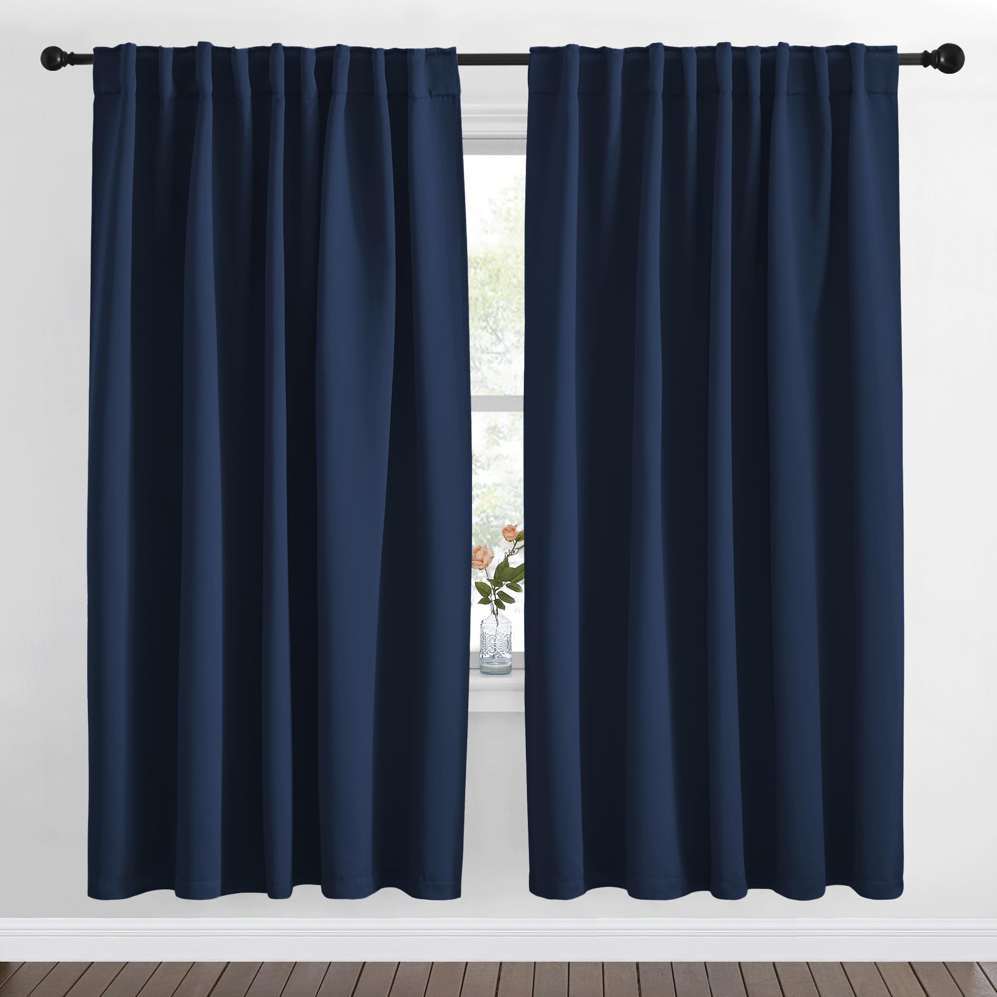 NICETOWN Blackout Curtain Panels Window Draperies - (Navy Blue Color) 62x72 inch, 2 Pieces, Insulating Room Darkening Blackout Drapes for Bedroom, Privacy Doorway Curtain for Door