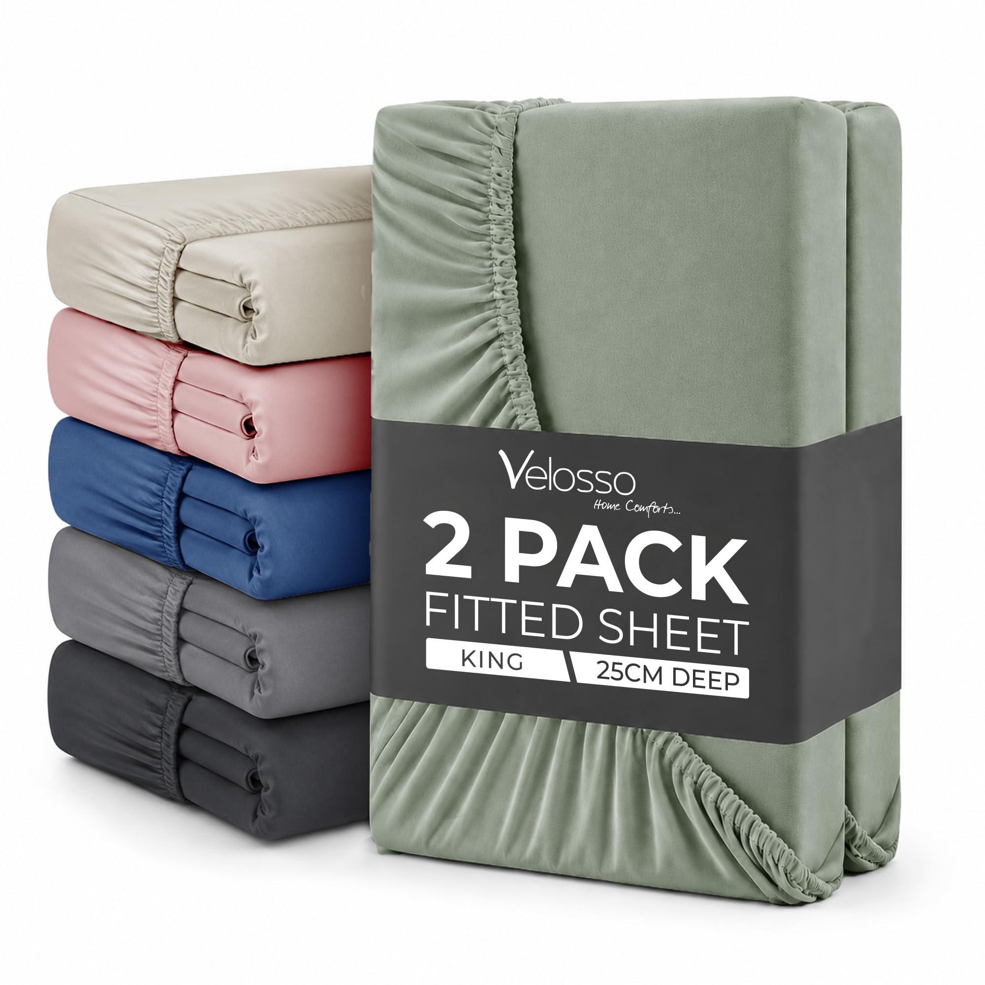 Plain Dye Fitted Sheet 25cms Pocket Soft Brushed Microfibre Fabric Mattress Bottom Bed Sheets (Sage, King 2 Pack)