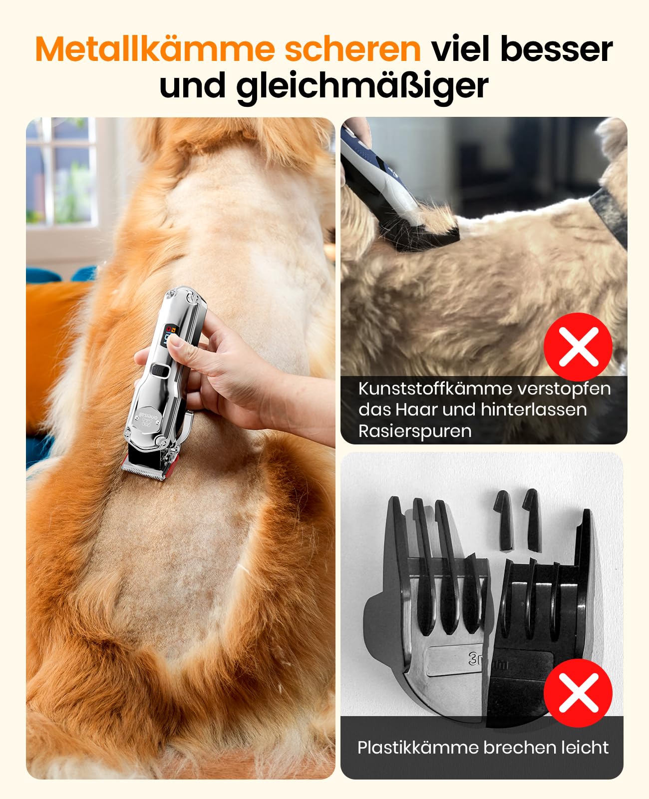 oneisall Leise Hundeschermaschine mit Metall-Führungskamm, Schermaschine Hund profi kabellos, Hochleistungs Tierhaarschneidemaschine für Dickes/Lockiges/Feines/Langes/Gewelltes Haar (Silber)