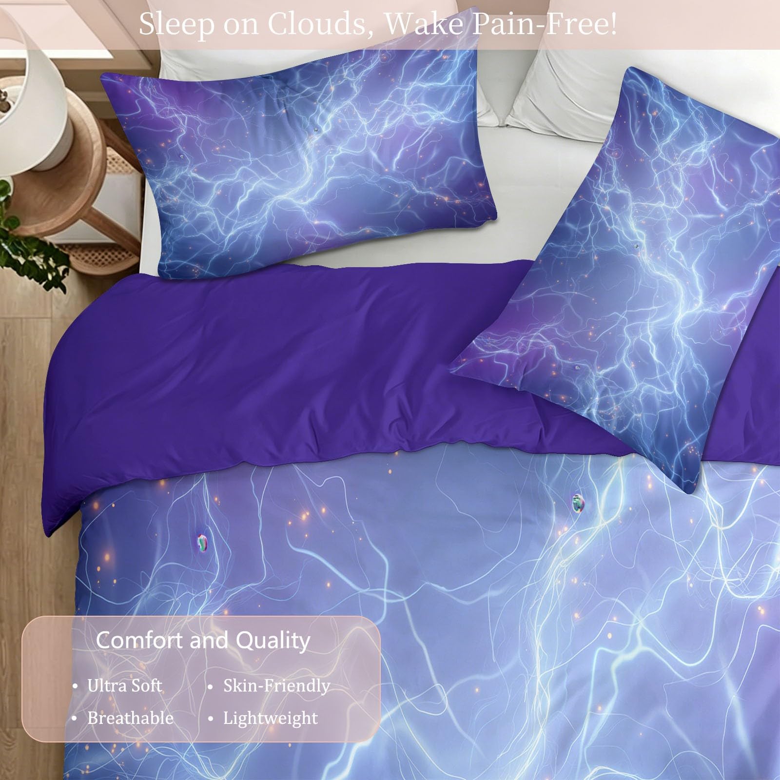 Parure da letto matrimoniale con copripiumino in microfibra viola + federe 65 x 65 cm, fantasia astratta set copripiumino (lampo corrente elettrica, 220 x 240 cm)