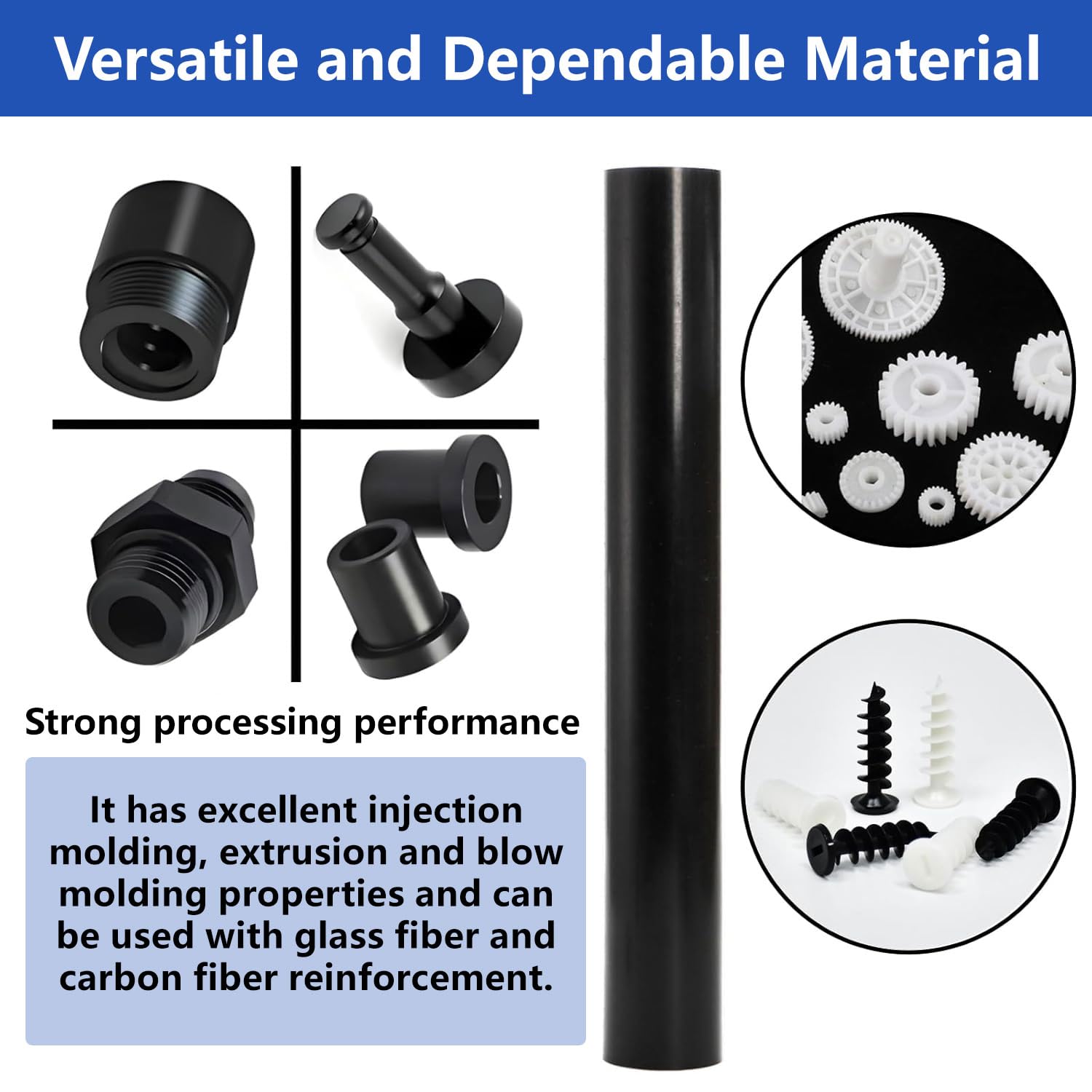 Tiges en nylon PA6 noires, paquet de 2 barres en plastique d'ingénierie robustes de 50 cm Ø35–65mm for le tournage CNC, l'usinage et les projets de bricolage industriel(60mm)