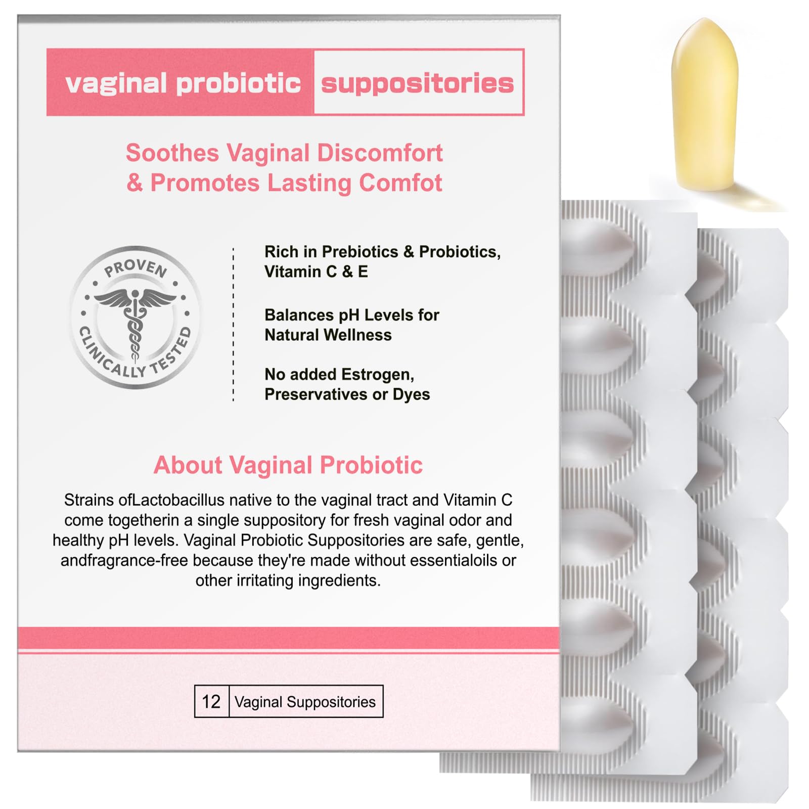 Nahid Vaginal probiotic Suppository, hyaluronic Acid Suppositories, Vaginal moisturizer, PH Balance, Relieve discomfort, Restores Healthy Vaginal Odor (12 Inserts)