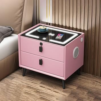 Smart Bedside Table with Wireless USB Charging and Fingerprint Lock,2/3 Drawer Bedroom Side Table with Speakers, Modern Nightstand with Smart Sensor LED Lights,Pink,2 Drawers