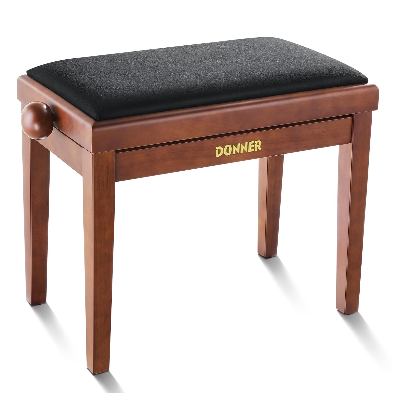 Donner Taburete de Piano Ajustable, Banco de Piano de Madera Maciza con Asiento de Piano y Cojín de Esponja de Alta Densidad, Taburete de Piano de Madera con Elevadores Metálicos, Marrón