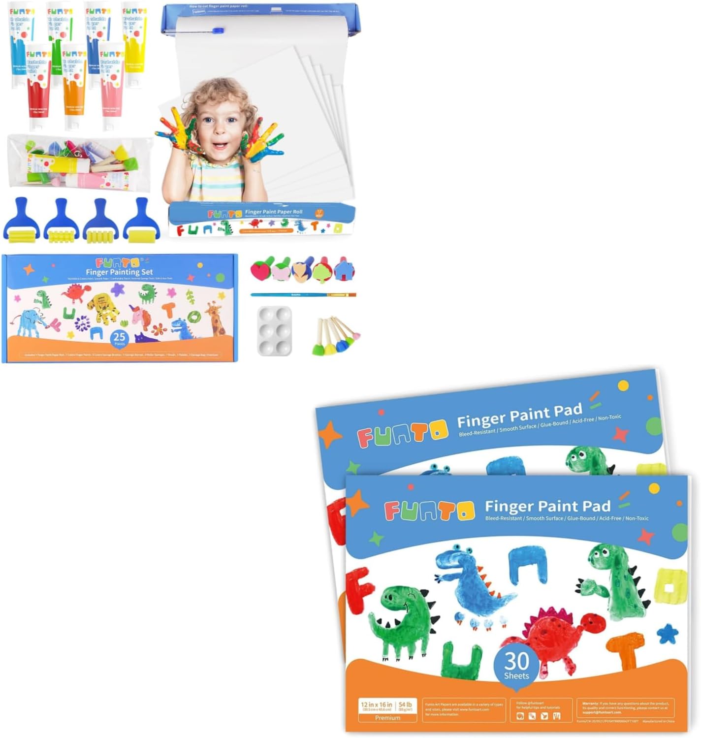 Funto Washable Finger Paint for Kids Bundle, 25 PCS Non-Toxic Finger Paint Set Includes Finger Paint Paper Roll, Brush Set with 60 Sheets Total, 12" x16'', 2-Pack Finger Paint Pad for toddler painting