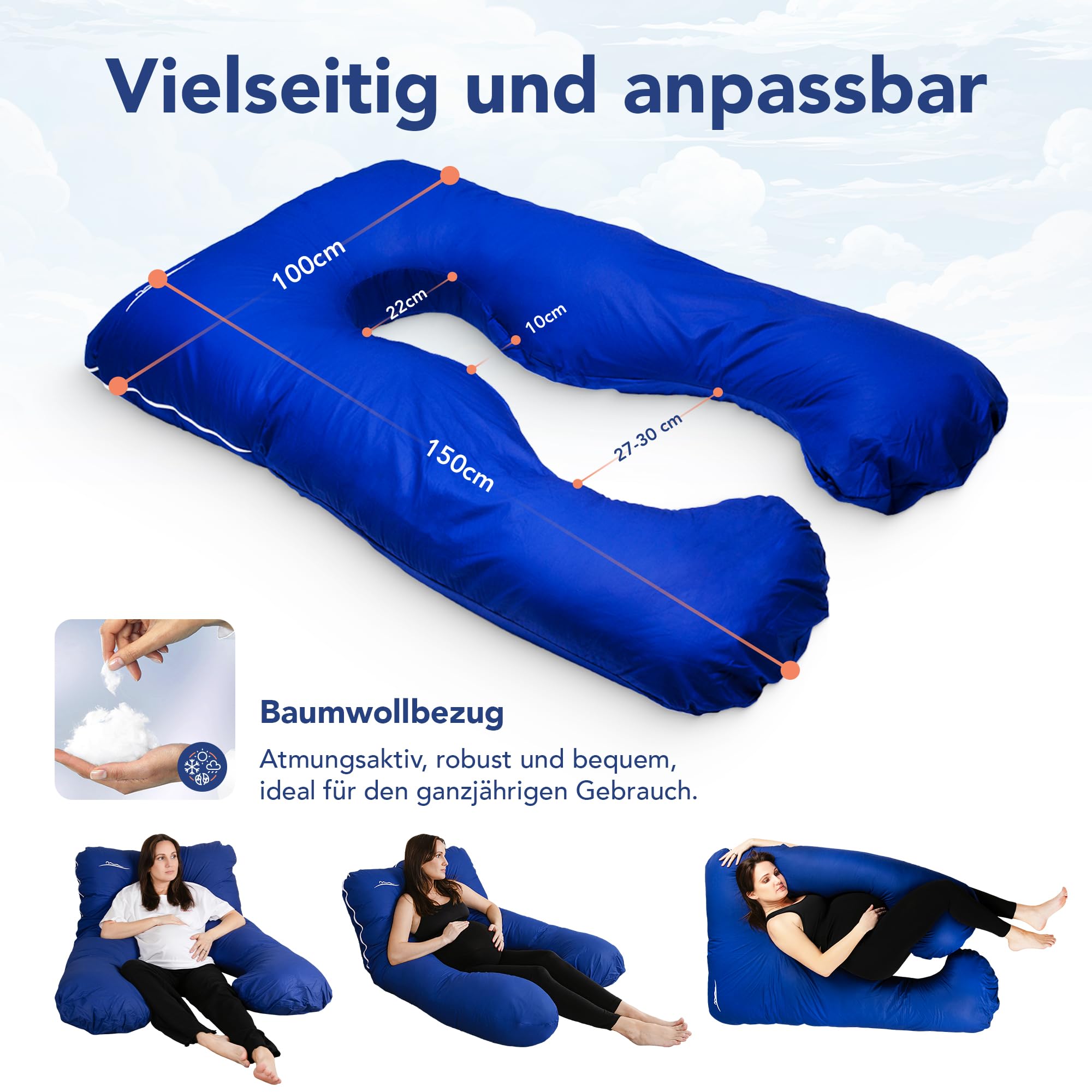 MKS Druckentlastung Schwangerschaftskissen | Seitenschläferkissen XXL – Ergonomisches Stillkissen für erholsamen Schlaf, Ganzkörperkissen, Microplüsch Kuschelstoff (Standard) / Blau