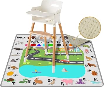 54" XL Splat Mat for Under High Chair- Creative Design for Art Floor Cover, Food Spills for Baby or Toddler. Non Slip, Waterproof, Machine Washable, Durable, Reusable Fun and Educational
