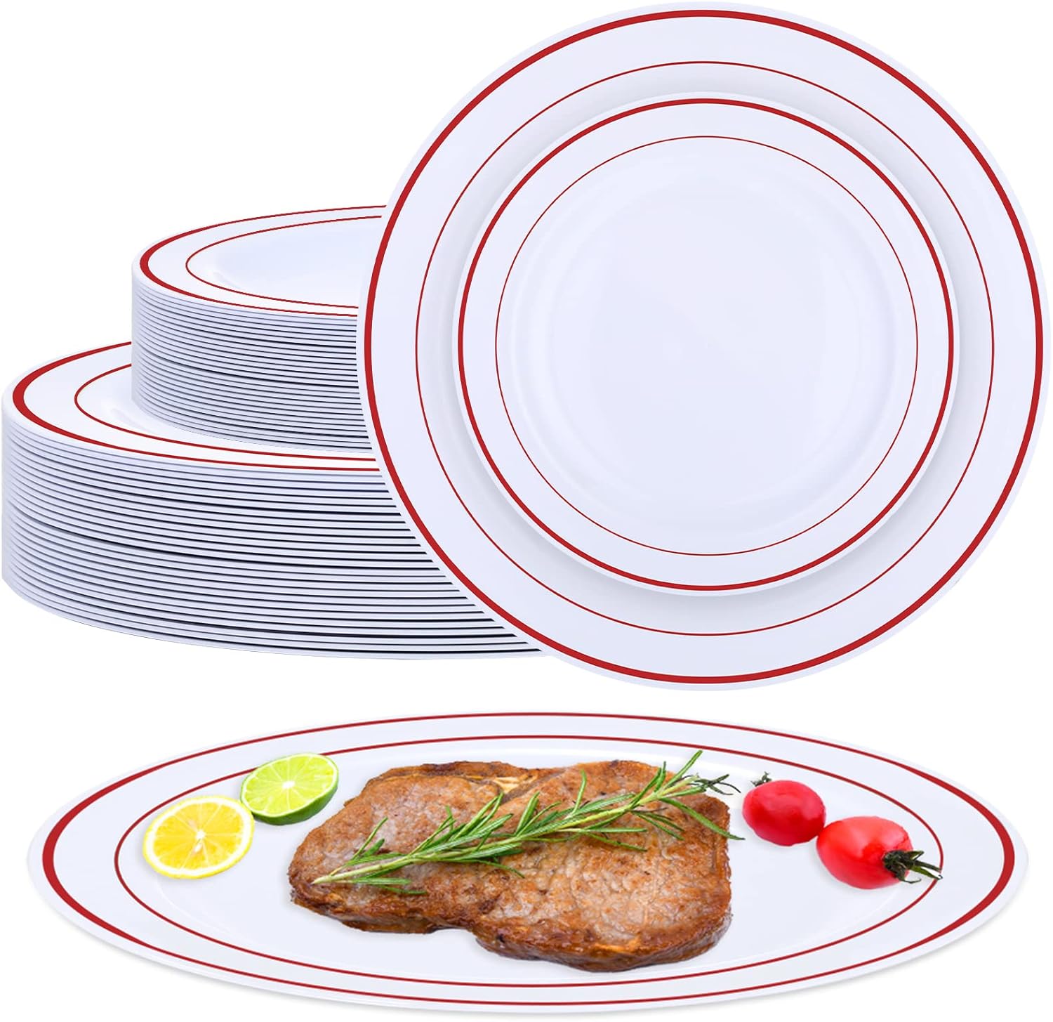 Patelai 50 Pcs Plastic Plates Disposable for Party Disposable Dinnerware Set 25 Guests 10.25", 7.5" Heavy Duty Plastic Dinner Plates with Rim for Wedding Party(Red Rim)