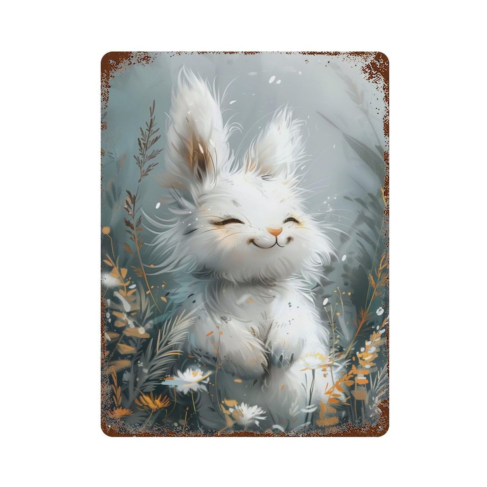 Cute White Bunny Weathered Tin Sign 15.7"x11.8", Retro Wall Decor for Pub, Kitchen And Man Cave Decor