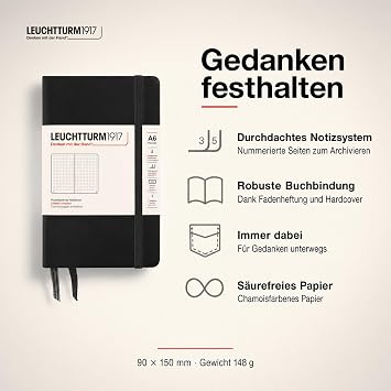 LEUCHTTURM1917 - Notebook Hardcover Pocket A6-187 Numbered Pages for Writing and Journaling (Black, Dotted)