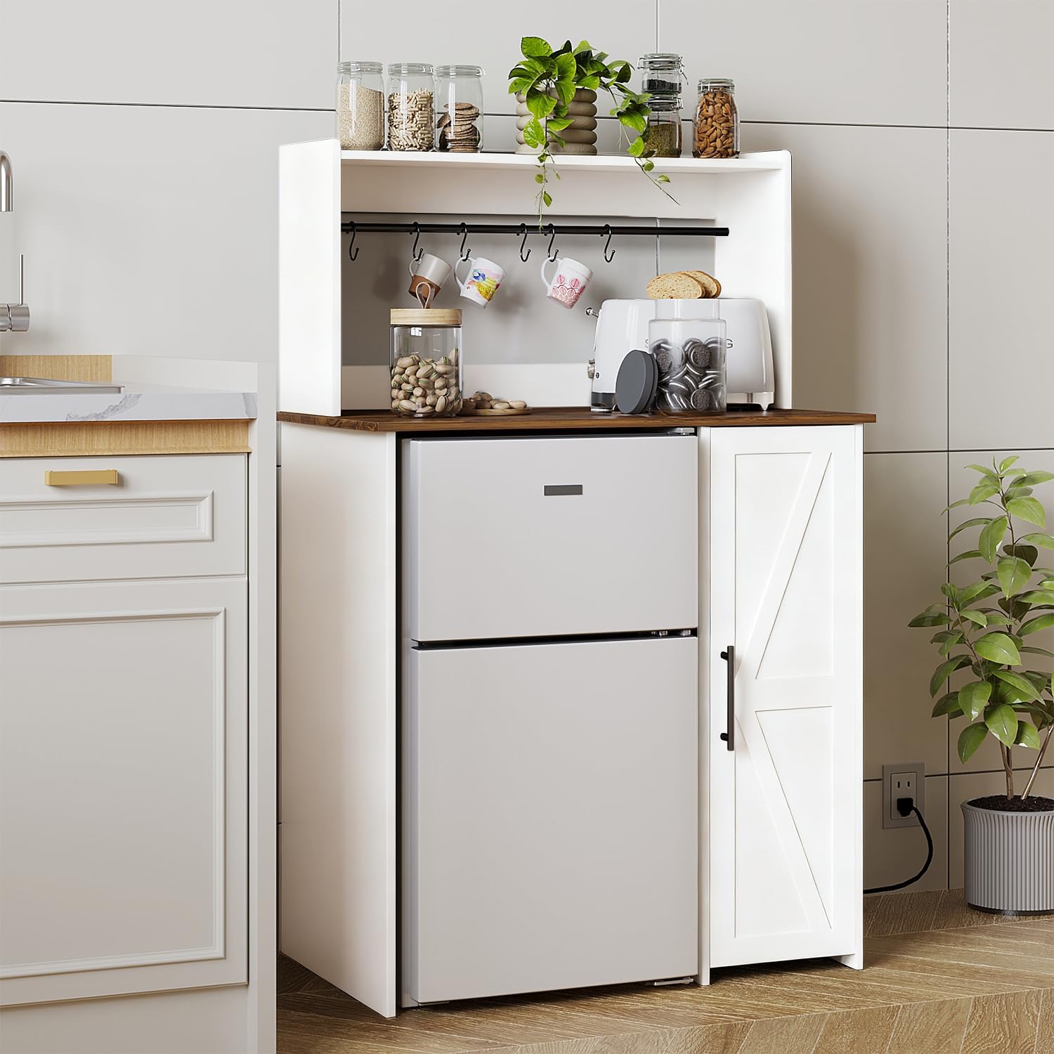 Mini Fridge Cabinet,Coffee Bar Cabinet with Socket and Mini Fridge Space,Microwave Rack,Double-layer Storage Space,Metal Handle,Suitable for Kitchen,Apartment,Office (Mini Fridge Cabinet-White)