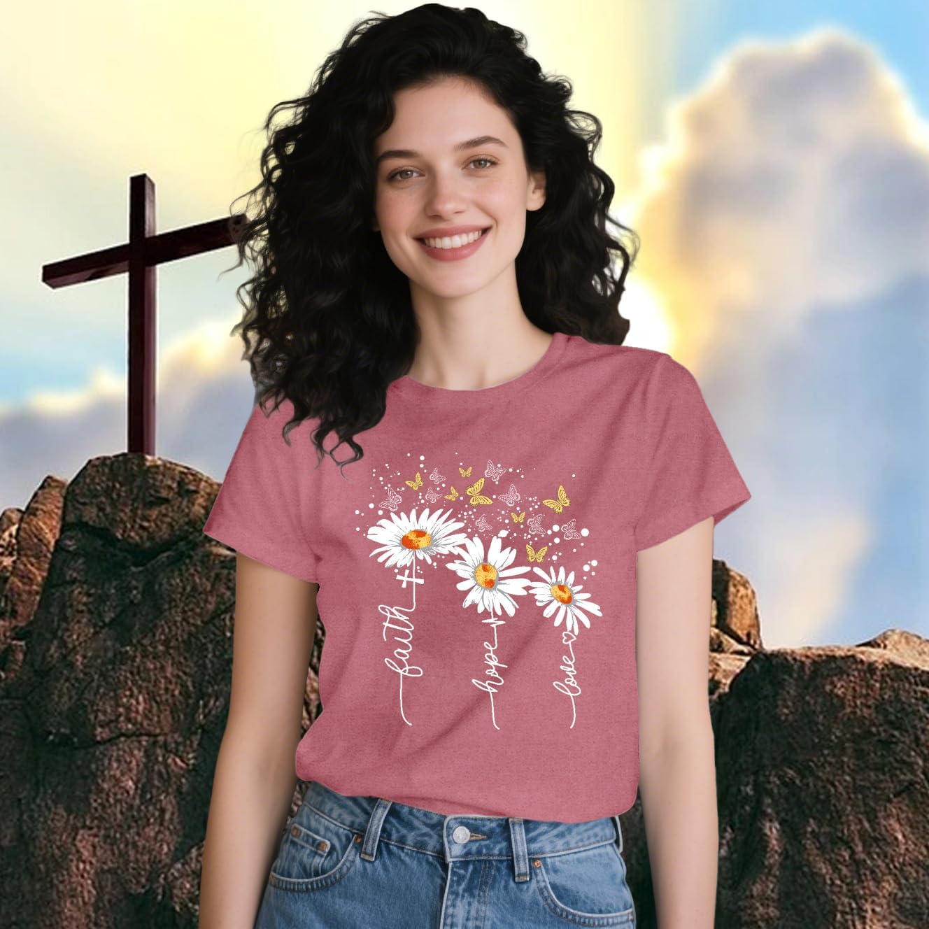 Christian Shirts for Women Daisy Floral T-Shirt Faith Hope Love Tee Butterfly Tops - Image 4