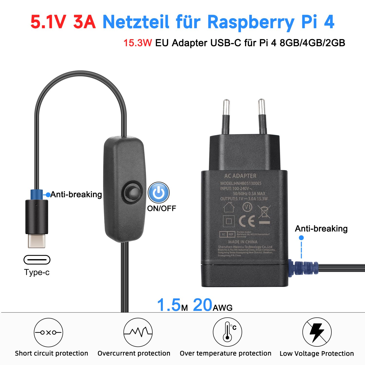 Case per Raspberry pi 4 in alluminio, alimentatore di rete USB-C da 5 V 3 A, Custodia per Raspberry Pi 4 modello B con dissipatore di calore passivo, Compatibile con Raspberry Pi 4B 8GB/4GB/2GB