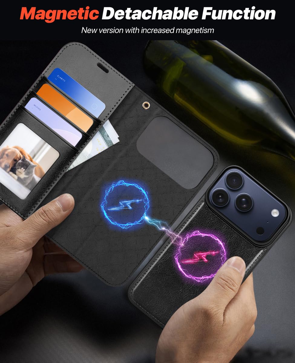 OCASE Handyhülle Kompatibel für iPhone 17 Pro Hülle Abnehmbar 2-in-1 Magnetische Premium PU Leder Klapphülle Kabelloses Laden Kartenfach RFID Standfunktion Schutzhülle für iPhone 17 Pro – Schwarz