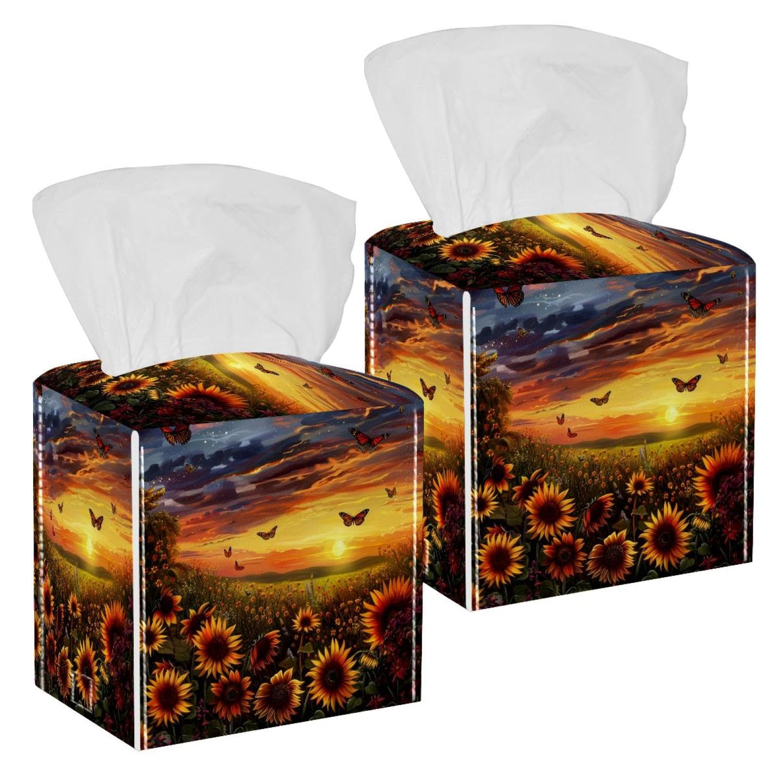 Sunflower Butterfly Printing Tissue Box Cover, 2 Pack PU Leather Square Facial Tissue Dispenser Box holder for Home Office Car
