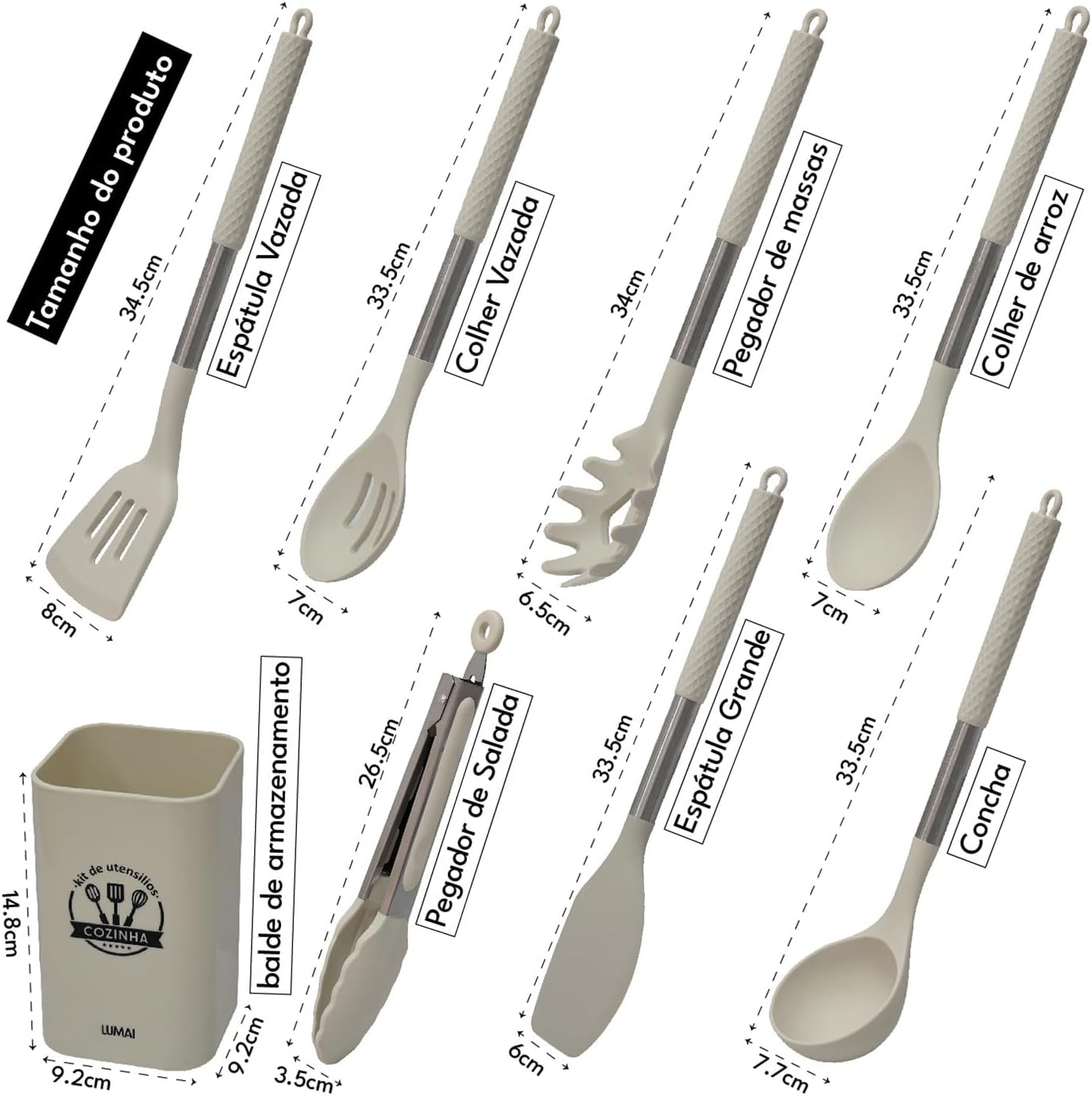 LUMAI Kit 8 Utensílios de Cozinha Grandes em Silicone e Aço Inox, Resistentes ao Calor, Antiderrapantes e Antirriscos, Acessórios de Cozinha Espátula, Colher, Pegador de Massa, Concha e Mais – Bege