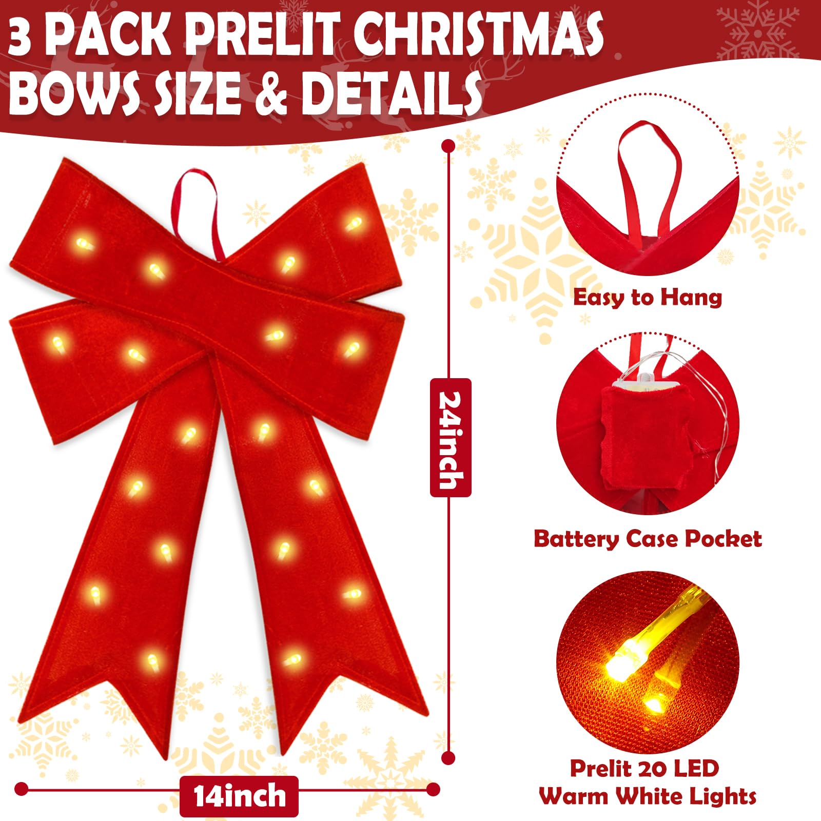3 Stück 61 x 35,6 cm Prelit rote Weihnachtsschleifen mit 20 LED-Lichtern und Fernbedienung-Timer, 8 Modi, batteriebetrieben, große Samt-Weihnachtsschleifen für Kränze, Girlanden, Baumspitze