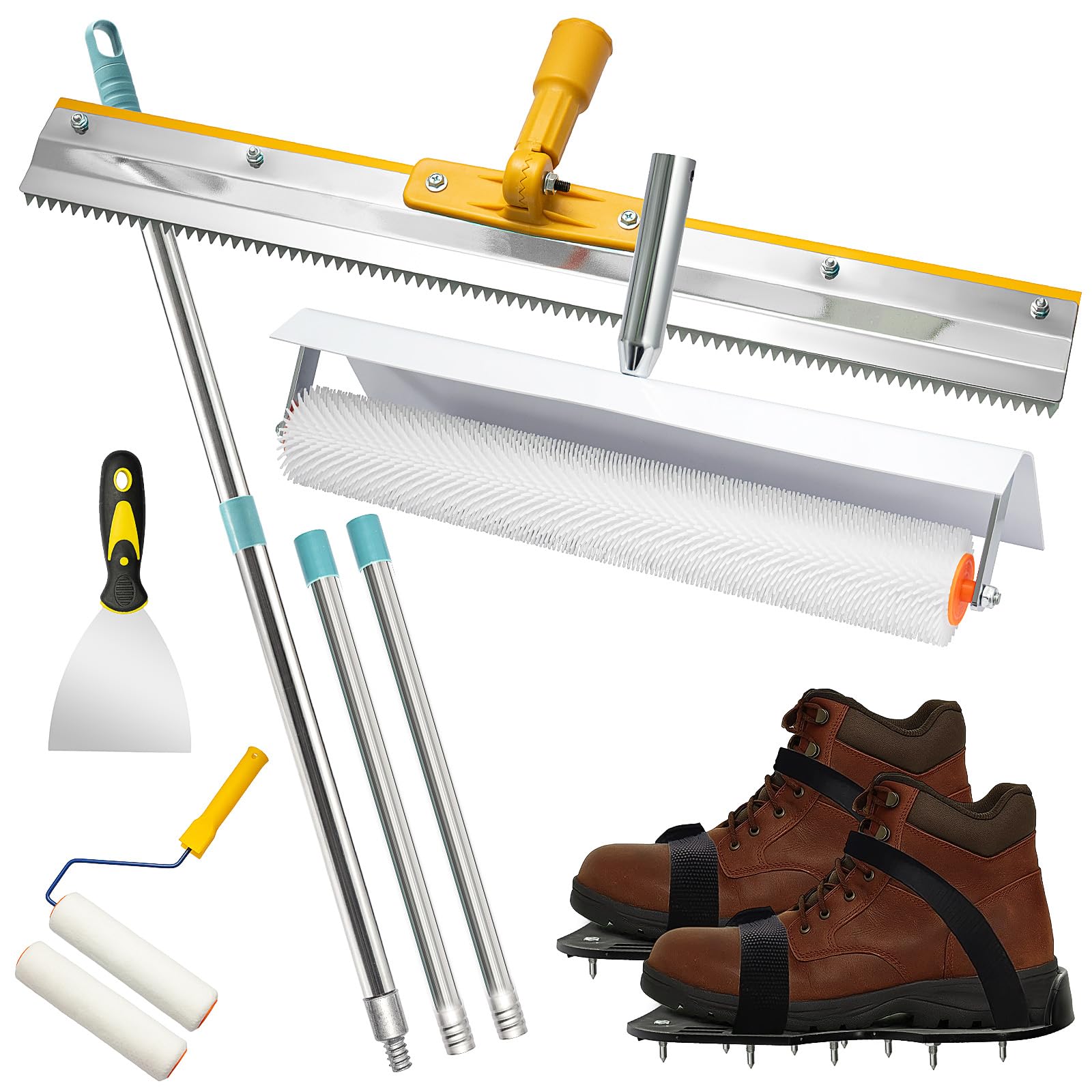Greenwhim Silver Epoxy Floor Leveling Tool Kit, Spiked Roller With Extension Pole, Self-Leveling Rake, Spiked Shoes & Stainless Steel Scraper For Smooth Floor Finishing (Leveling Tool Set (6 In 1))