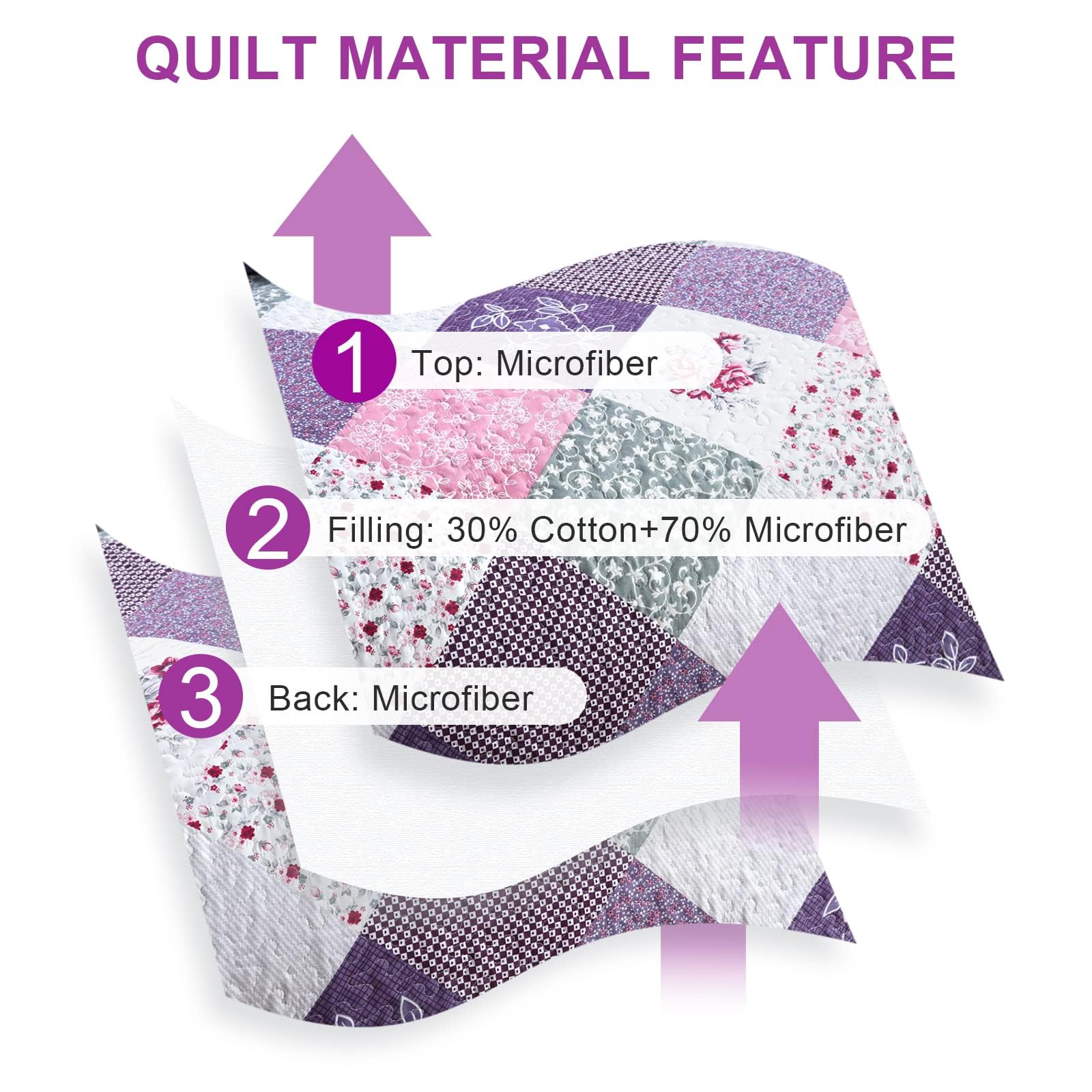 Qucover Cubrecama Patchwork para Cama 150 180,Colcha nordica bouti de piqué,Manta con Fundas de Almohada,Retazos Reversible para Matrimonio Verano King Size (Patchwork Púrpura, 230x250cm+50x70cm*2)