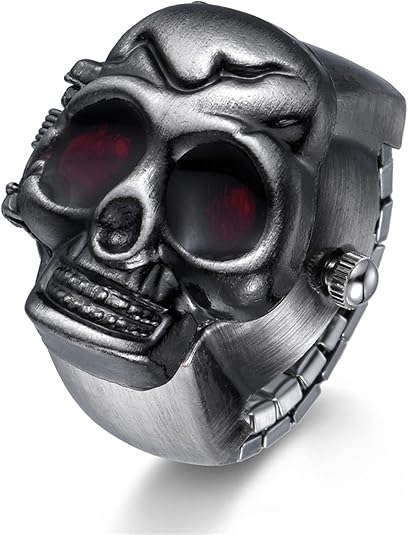 JewelryWe Men Women Finger Watch Punk Skull Flip-Open Cover Quartz Analog Adjustable Ring Watches for Mother's Day