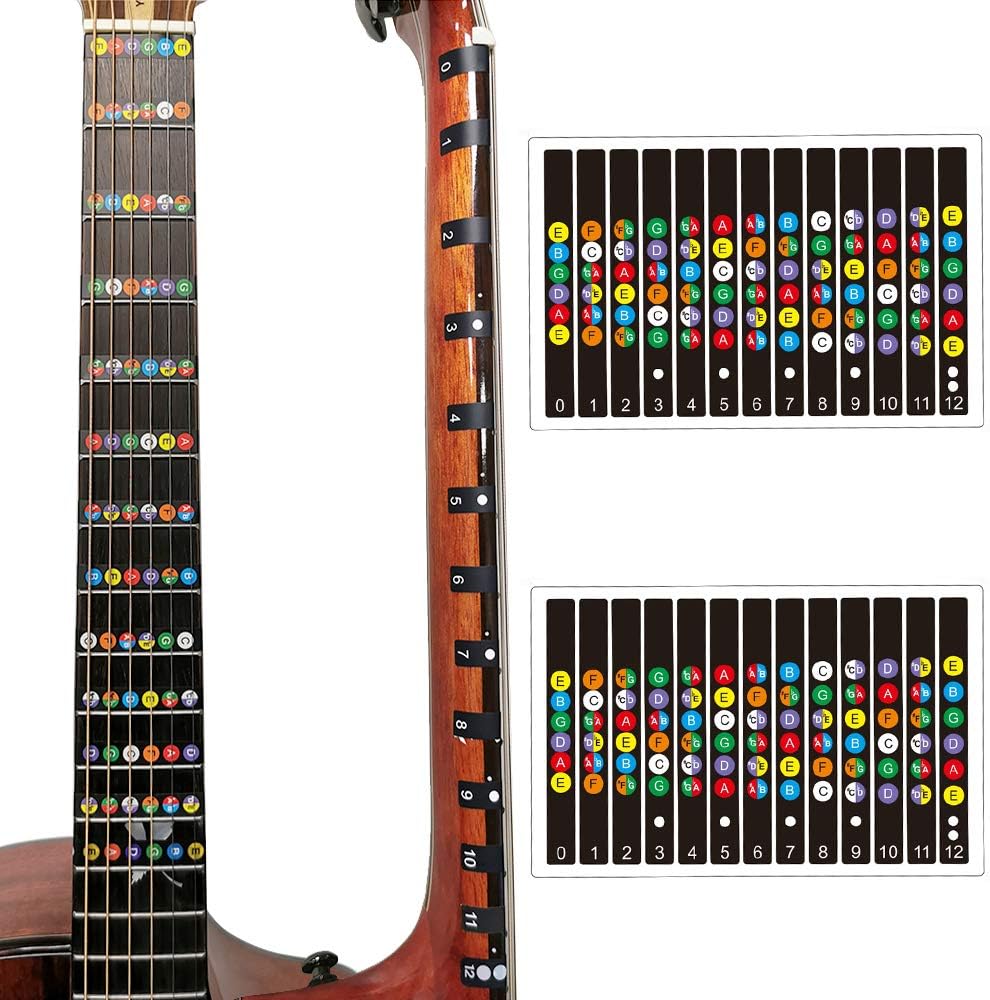 Fretboard Stickers - Acoustic & Bass Guitar Note & Chord Stickers - Fret Map for Kids & Beginners - 2PC