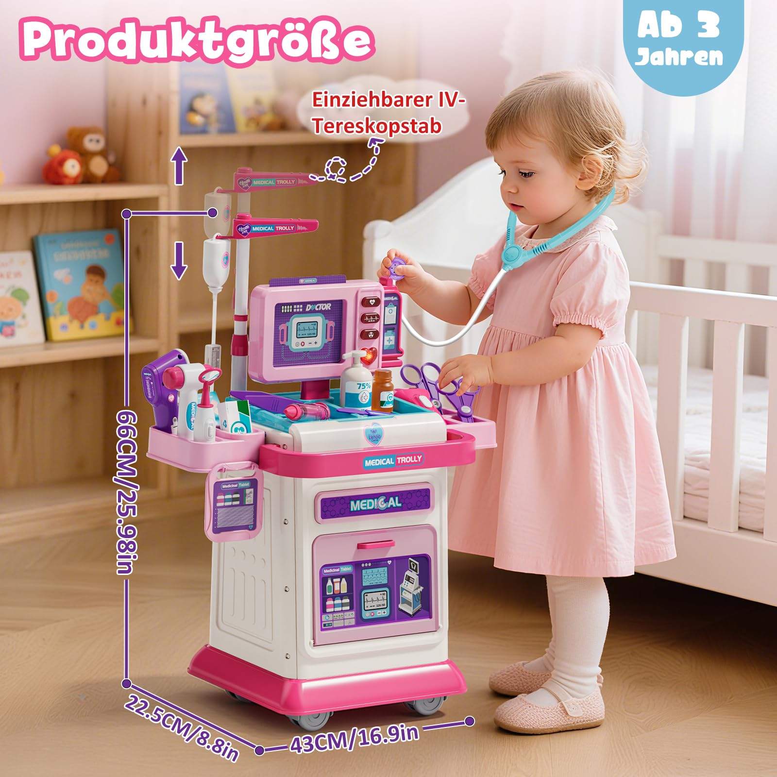 Lehoo Castle Arztkoffer Kinder, Arztwagen mit Ton & Licht, Doktorkoffer Kinder, Arztkoffer mit Stethoskop, Spielzeug ab 3 Jahre, Mädchen Geschenke 3 Jahre Medizinischer Kinderwagen(Rosa)