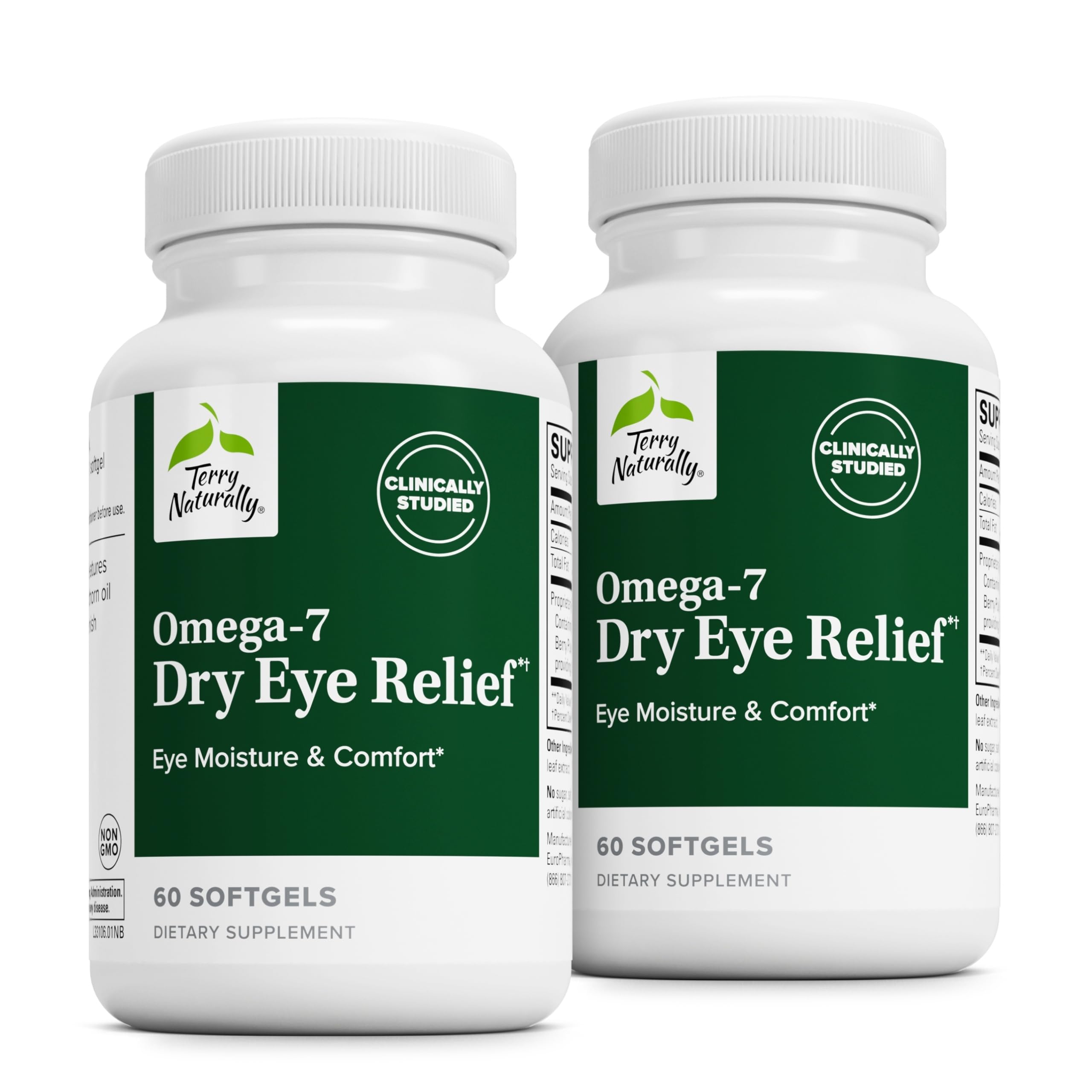 Terry Naturally Omega-7 Dry Eye Relief - 60 Softgels - Pack of 2 - 500 mg Sea Buckthorn - Eye Moisture Support Supplement - Omega-3, -6, and -9 - Non-GMO, Gluten Free, Vegan - 120 Total Servings
