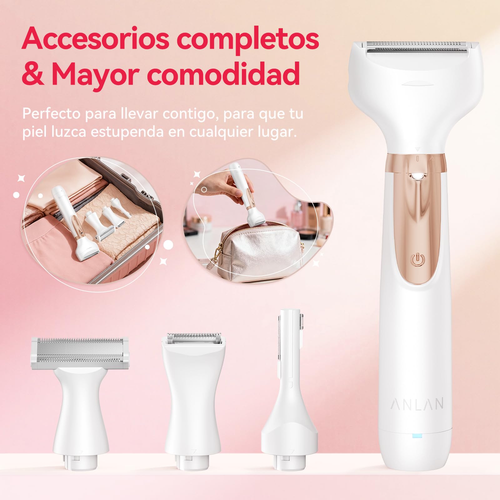 4 en 1 Afeitadora Eléctrica para Mujer, ANLAN Depiladora facial mujer, IPX6 carga rápida Type-C, luz LED, para rostro, cuerpo, cejas, zona del bikini y zonas íntimas