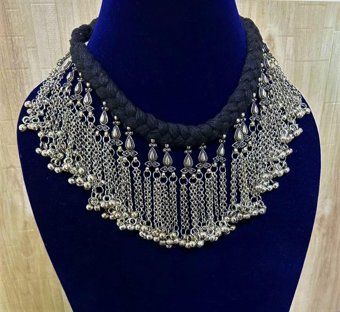 Indian Ethnic Antique Afghani Silver Oxidized Polish Ghungroo Bells Boho Gypsy Tribal Statement Multi Mirror Stone Choker Thread Necklace Earrings Jewelry for Women - Image 5