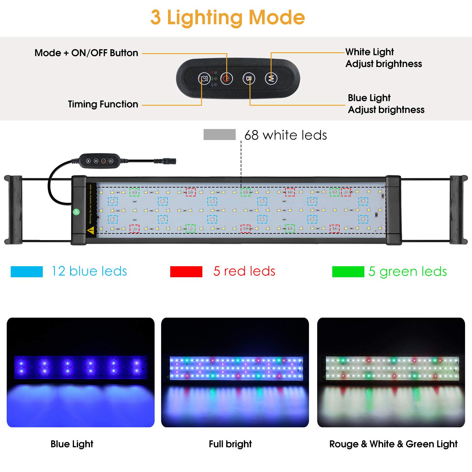 Plant Aquarium LED Beleuchtung voll Spectrum mit verstellbarer Halterung, Timer, dimmbare Aquariumbeleuchtung für Wasserpflanzen und Süßwasser 16W 3 Mode Weiß Blau Rot Grün 50-70CM