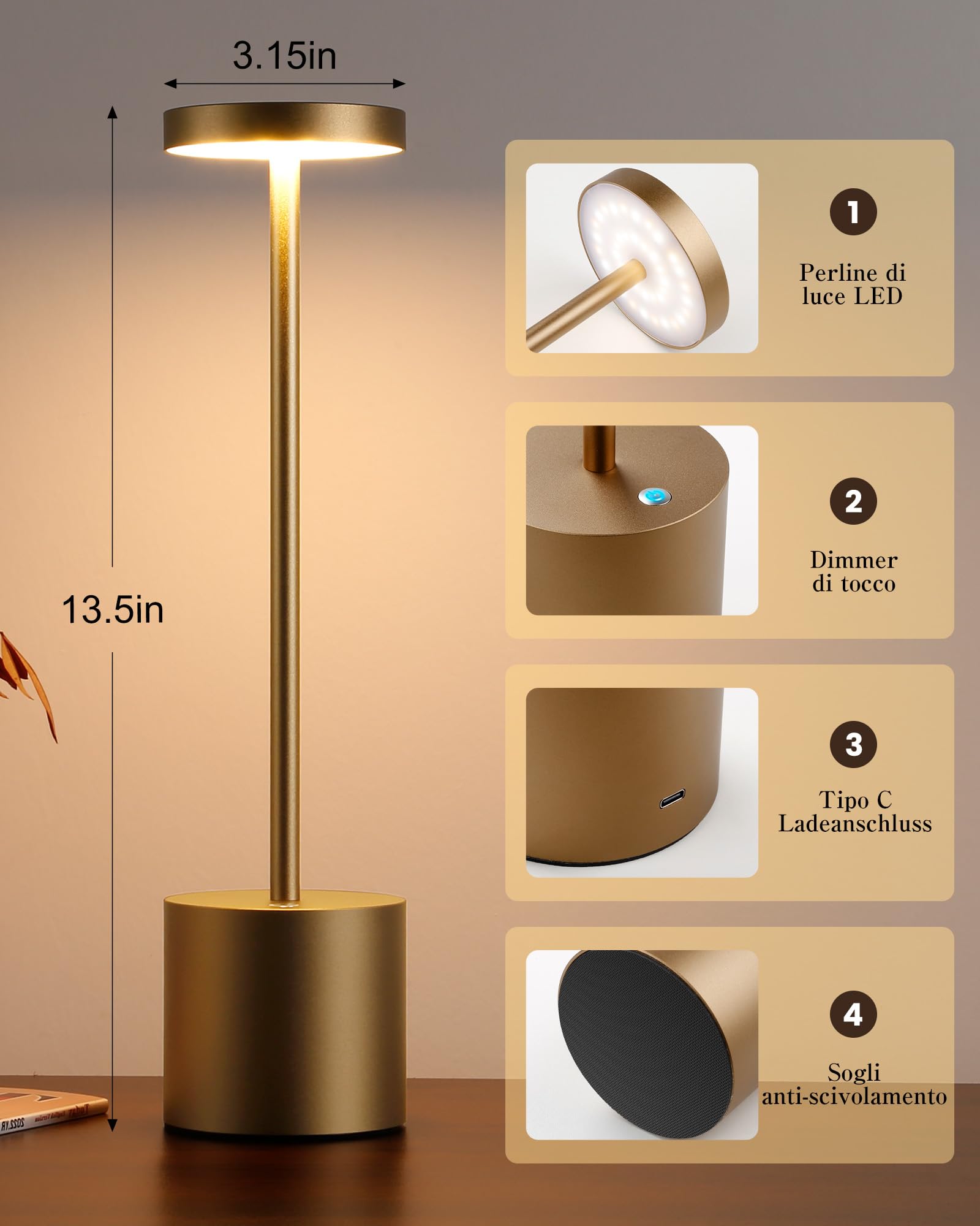 Lampada da Tavolo Senza Fili Ricaricabile per Esterno, Interni (2 Titanium) | lampade a led da tavolo ricaricabili, 6000 mAh batteria, luce dimmerabile, 3 modalità di colore, per sala da pranzo