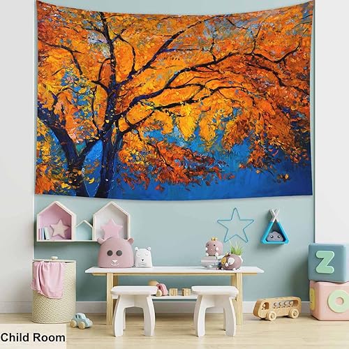 Miniatura 5 de Pznen Tapices de bosque de árboles de otoño, 80 x 60 pulgadas, hojas de arce amarillas y rojas con luz solar, tapiz para dormitorio, decoración