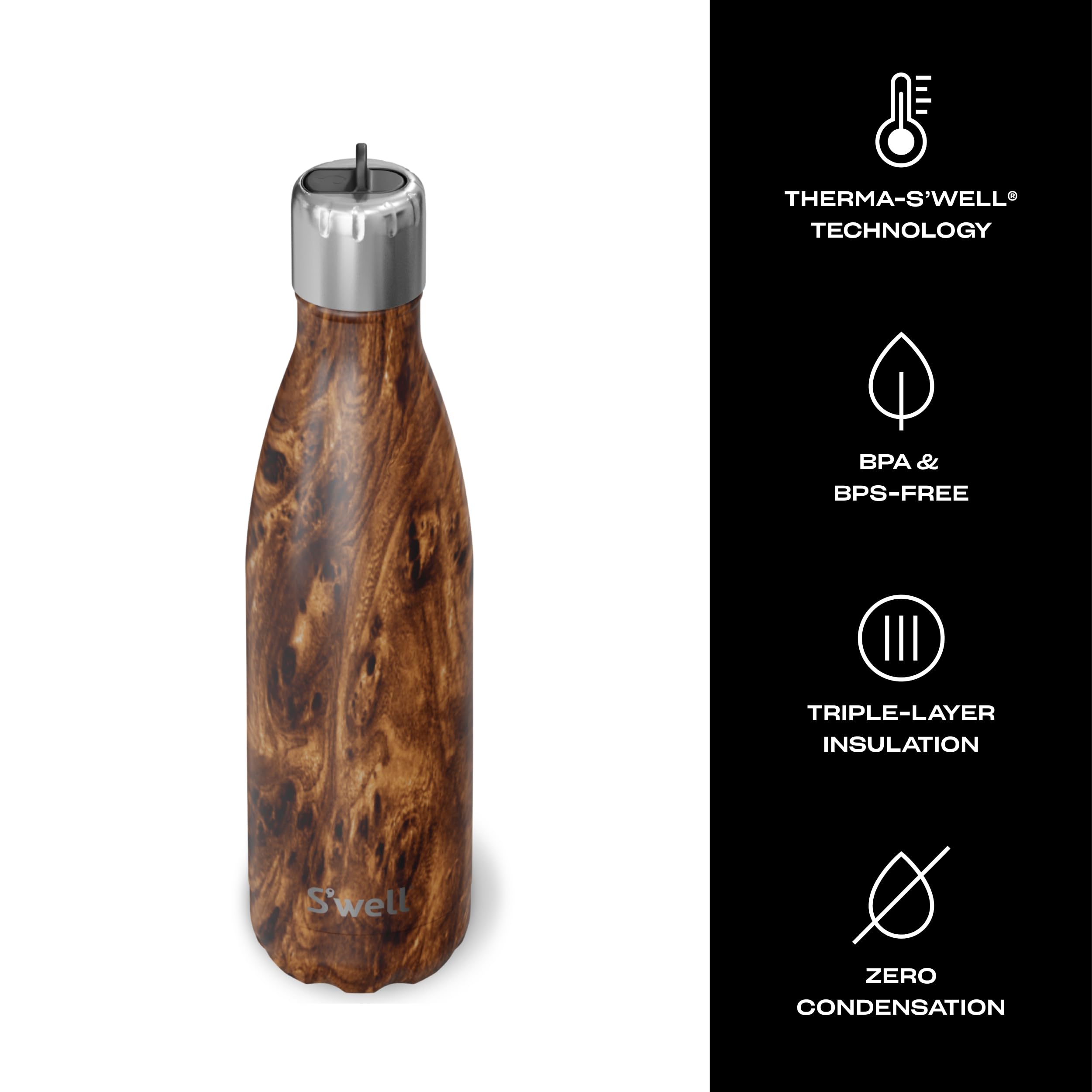 S'well Botella de agua de acero inoxidable con tapa abatible de 17 onzas líquidas de madera de teca de triple capa aislada al vacío que mantiene las bebidas frías durante 36 horas y calientes durante