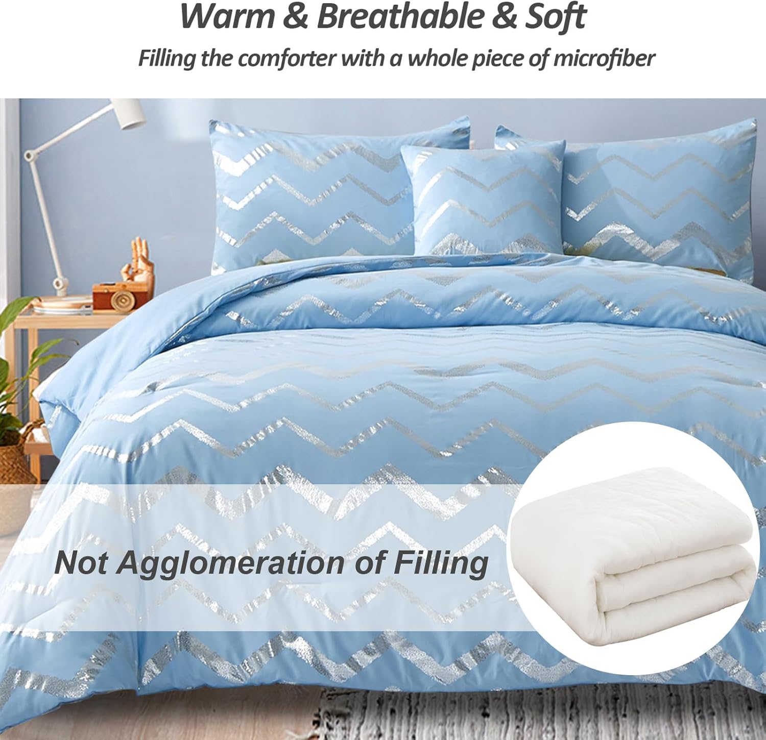 Menghomeus Blue/Silver Comforter Set Twin/Twin XL Size Metallic Print Glitter Bed Comforter Cute Shinny Bedding Sets for Teen Girls Kids, 3 Piece (1 Pillowcase, 1 Decorative Pillow Sham) - Image 4