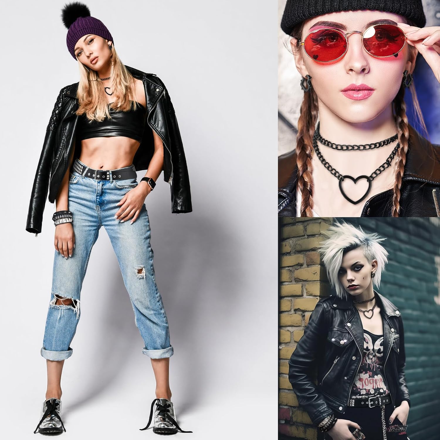 7 Pcs 80s Gothic Punk Rock Outfit Accessories for Women Men Emo Bracelets Leather Studded Bracelets Belt Goth Heart Chain Choker Y2k Huggie Hoop Spike Black Earrings Jewelry Gift for Rocker - Image 6
