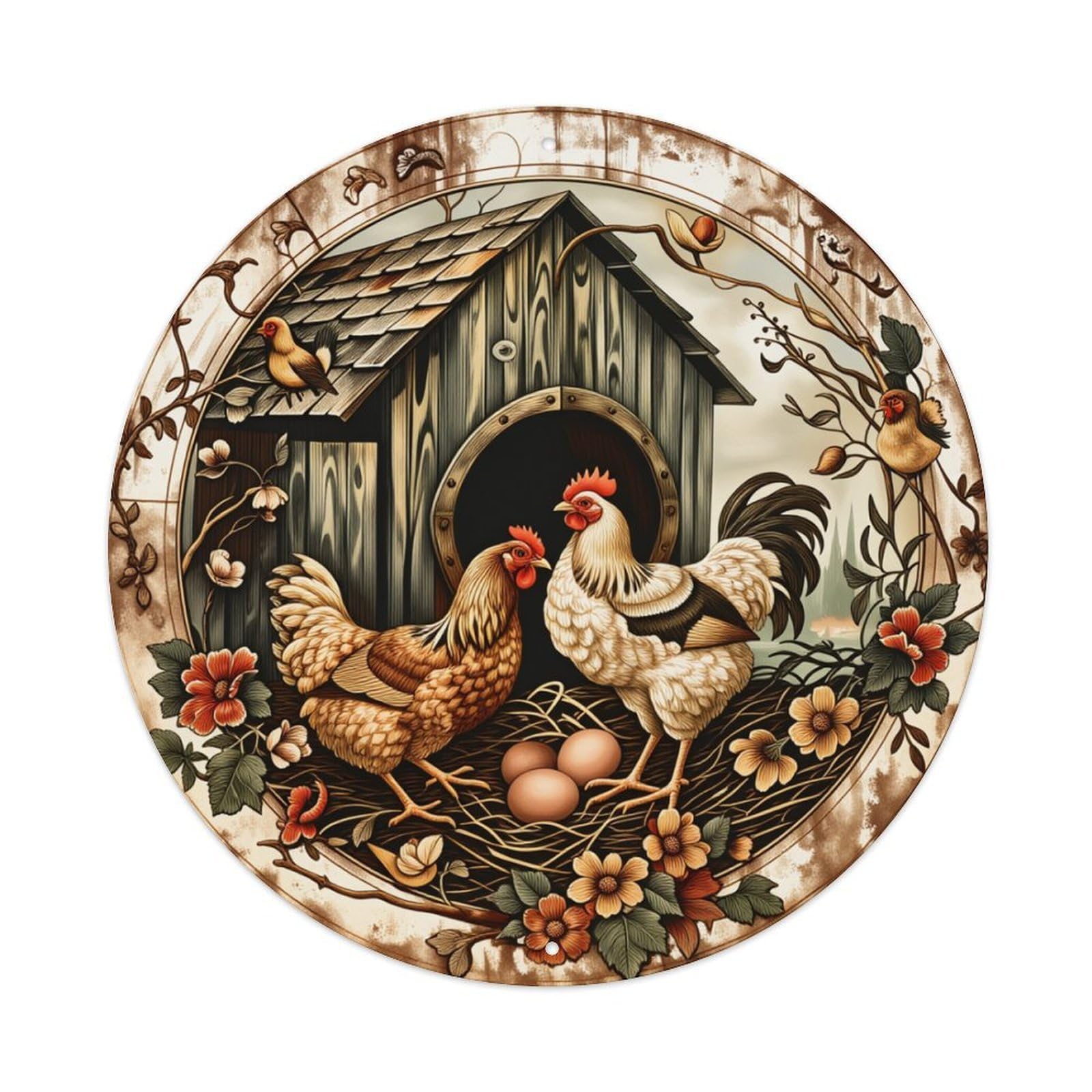 Chicken Coop Floral Pattern Art Round Tin Sign Retro Metal Sign for Cafe Bar Pub Home Game Room Gym Club Wall Decoration Vintage Metal Poster 8x8 Inch