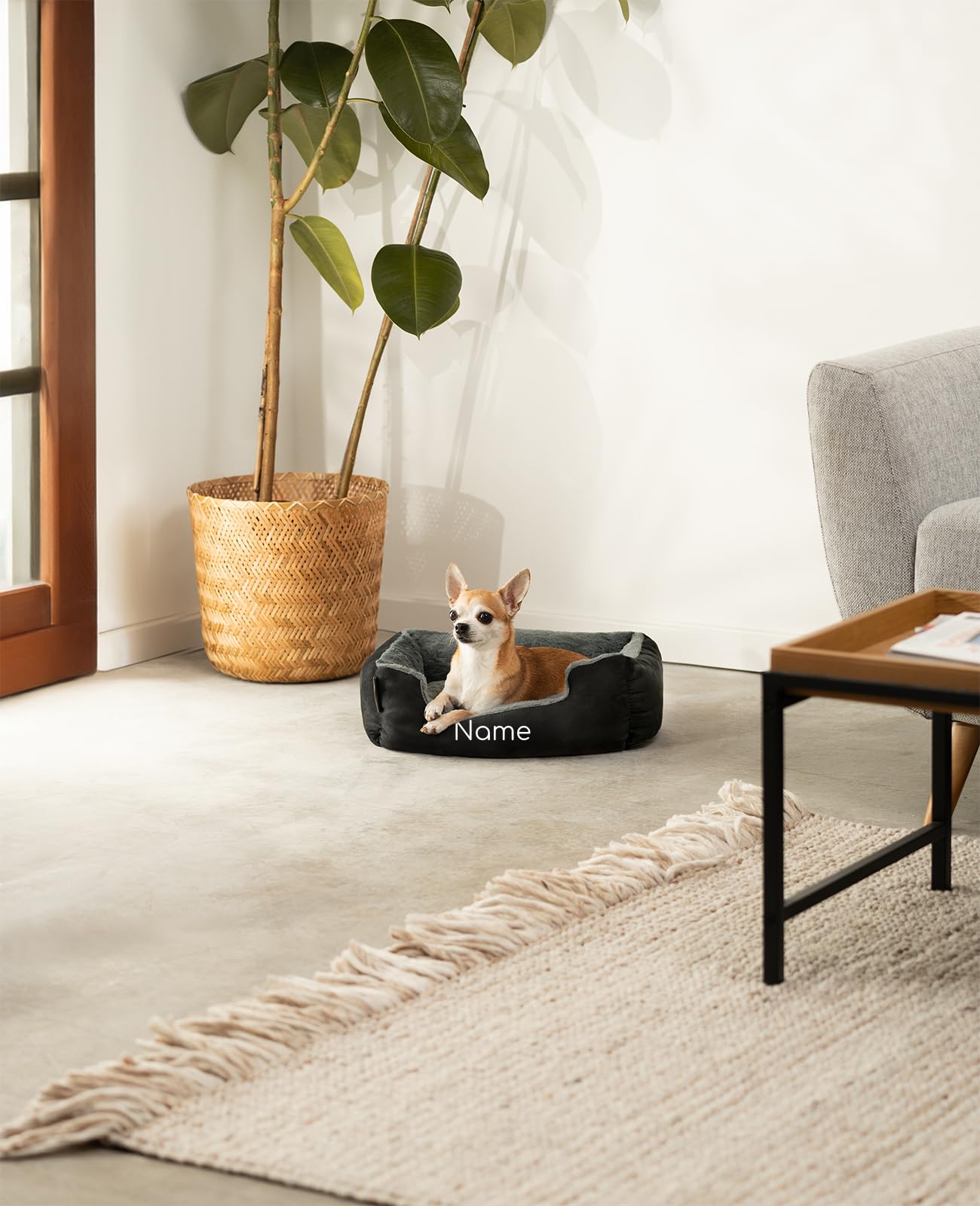 lionto Cama para Perros con cojín Reversible y Base Antideslizante, cojín para Mascotas con Entrada Baja para Perros y Gatos, 50x37 cm, cojín para Perros Acogedor, Negro/Gris (con Nombre Impreso)
