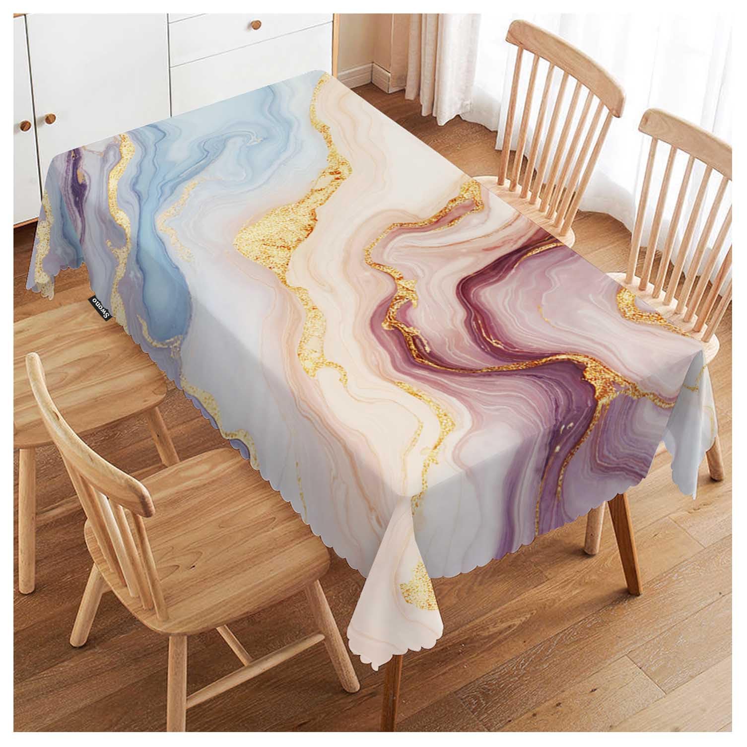 FJQWKLF Marble Tablecloth Abstract Pink Golden Waves Marble Pattern Rectangle Table Cloth Washable Plaid Table Cover for Kitchen Holiday Dinner, 52x 70 Inch Tablecloth