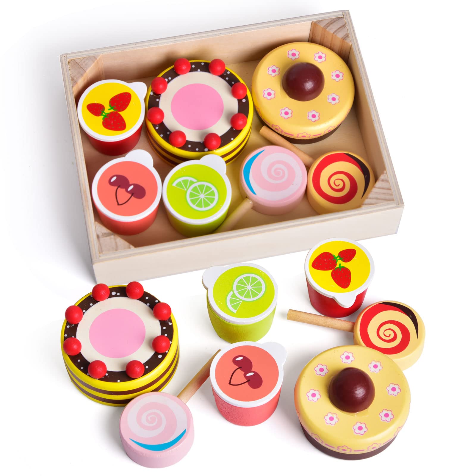 8 PCs Wooden Play Food for Kids Kitchen, Pretend Play Food Wooden Dessert Play Set for Kids, Toddler Toys for 2-4 Year Old Girls Boys Christmas Birthday Gifts