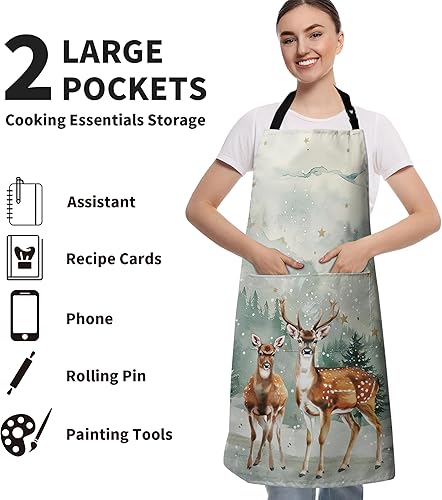 Miniatura 6 de Delantal de cocina de reno, delantal de invierno con correa ajustable, bosque nevado, pinos, copos de nieve, delantales de cocina con dos bolsillos
