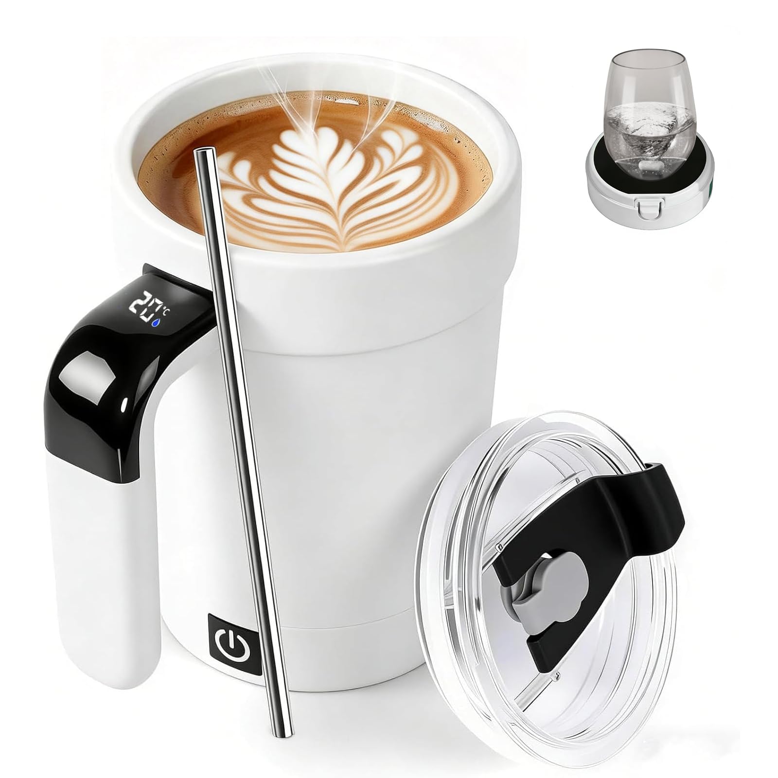 Self Stirring Coffee Mug, Rechargeable Automatic Magnetic Mixing Cup with LCD Temperature Display, Detachable Base Self Stirring Cup with Whisk for Coffee, Milk, Protein Shakes and More (White, 380ML)
