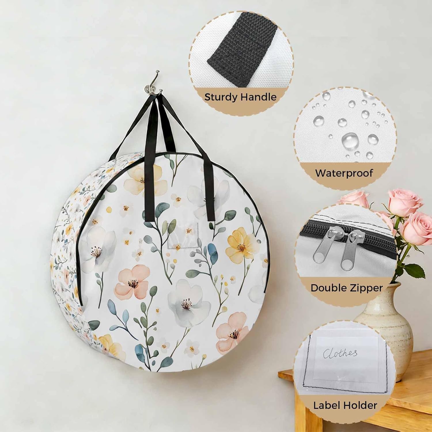 Blue Pink Flowers Round Storage Bag 36 Inch, Spring Watercolor Leave Floral Clothes Storage Container with Handles Heavy Duty Organizer for Comforter, Bedding & Holiday Wreaths