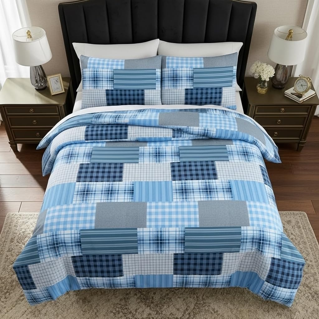 B&B Printed Duvet Cover Set, 100% Rich Cotton Comforter Cover Bedding Sets - Soft, Thick Anti-Allergy 3PCS Quilt Covers with 2 Pillow Shams (Double Size, Denim Blue)