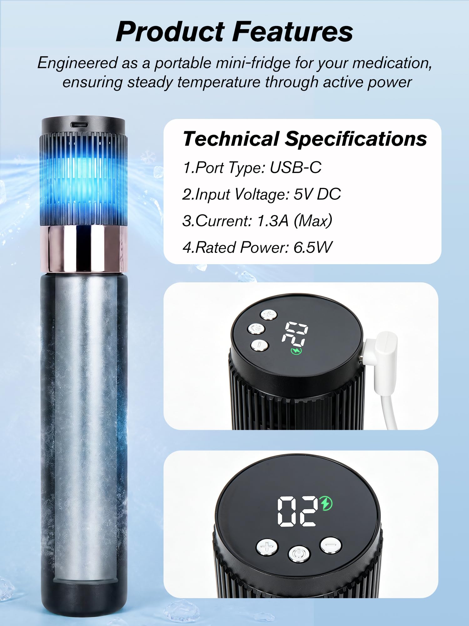 SUNMON Borsa Frigo Termica Medicinali Insulina GLP-1 USB Viaggio Auto | Capacità 1 penna o 3 flaconi 10ml o 4 da 3ml; 3 livelli freddo regolabili; corpo robusto e resistente,raffreddamento attivo