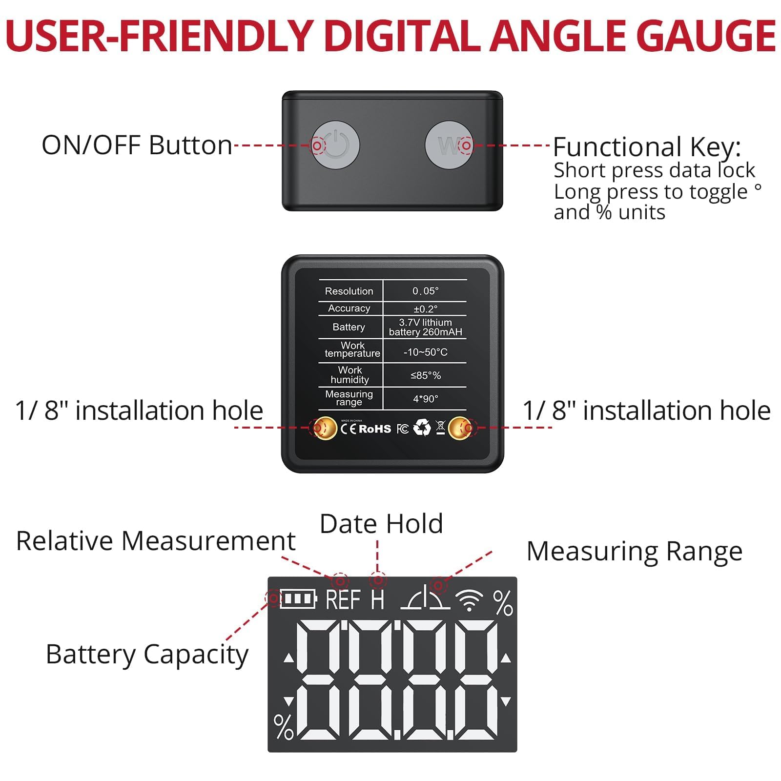 BINTA Medidor digital de Ángulos, Inclinómetro Transportador con Base Magnética Retroiluminación IP54 Recargable, Nivel de Burbuja Digital Magnético para Carpintería y Uniones de Mesa