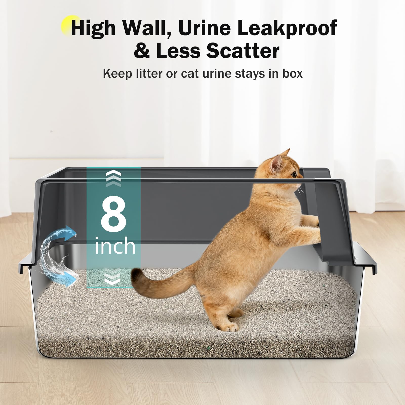 Stainless Steel Cat Litter Box with Lid, High-Sided Metal Litter Pan for Small Cats, Kitty Litter Box, Non-Stick & Odor-Resistant, Anti-Urine Leakage, Easy to Clean, Scoop Included - image 2