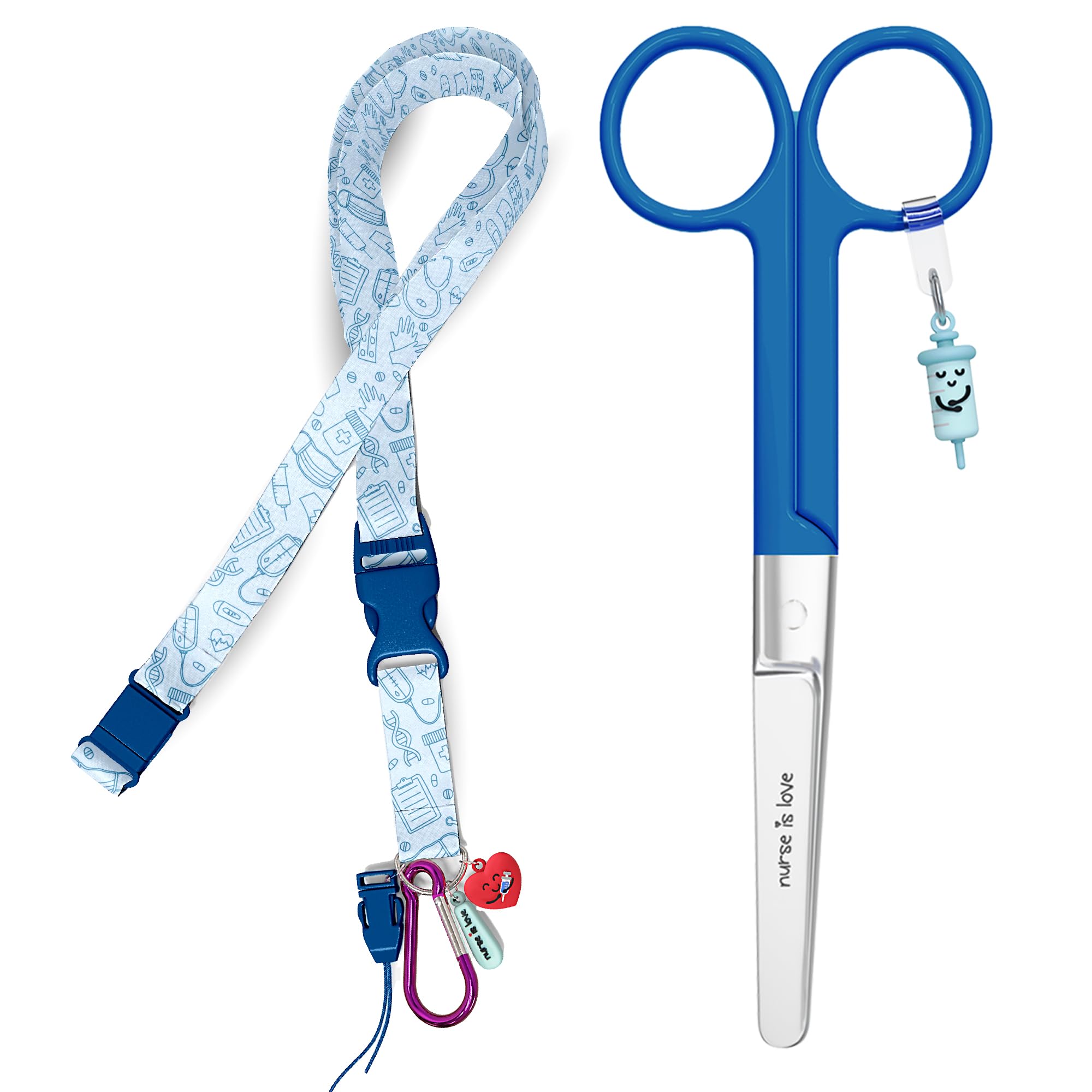 Nurse is Love Set Infermiera e TCAE (2 pezzi). | Porta Badge da Collo - Portachiavi Collo + Forbici Infermiere Mayo | Regali Personalizzati - Kit Accessori - BLU