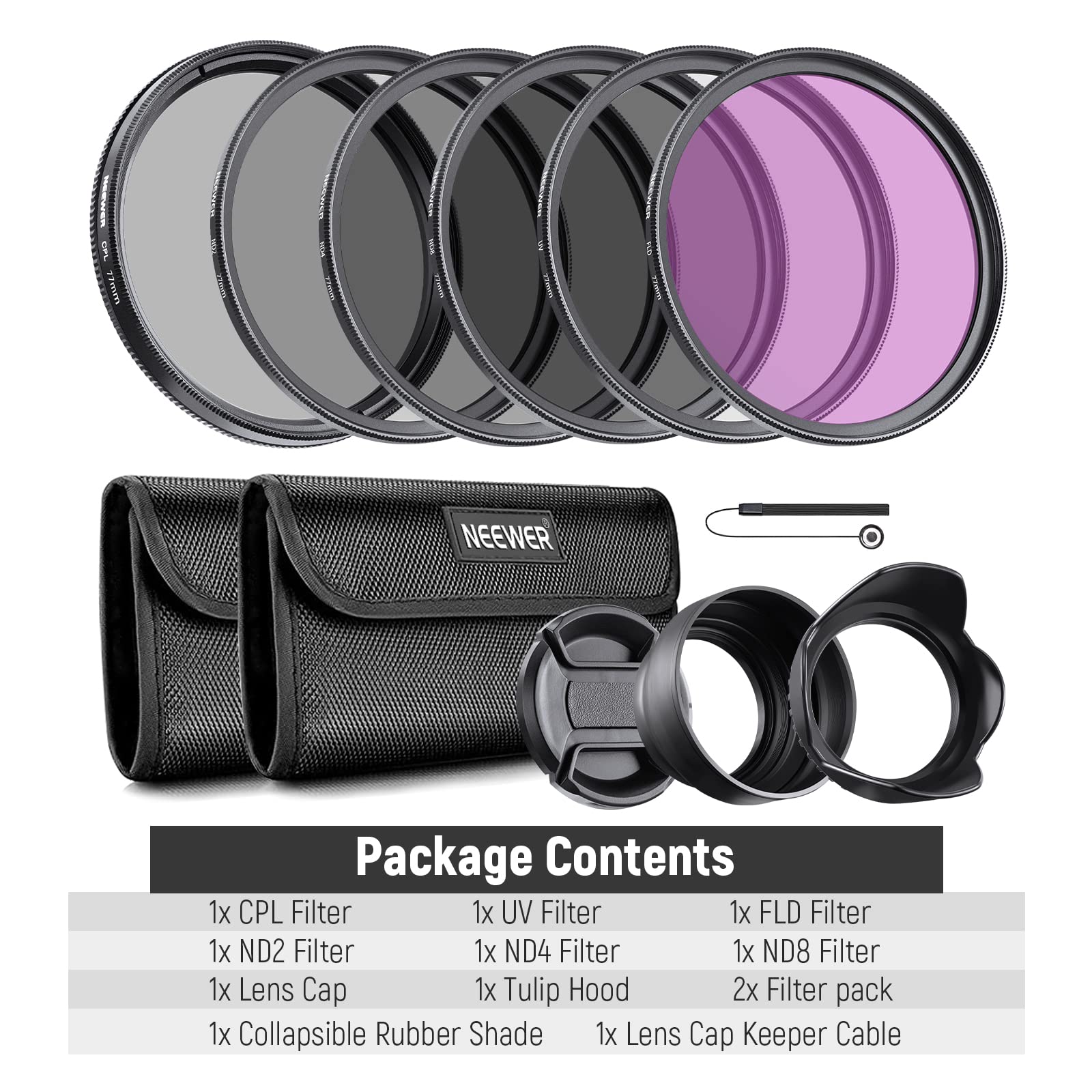 NEEWER Kit di filtri e accessori per lenti ND2 ND4 ND8 UV CPL (polarizzazione circolare) da 77 mm con copriobiettivo, paraluce a tulipano, paraluce in pieghevole, custodia per filtro, laccio di