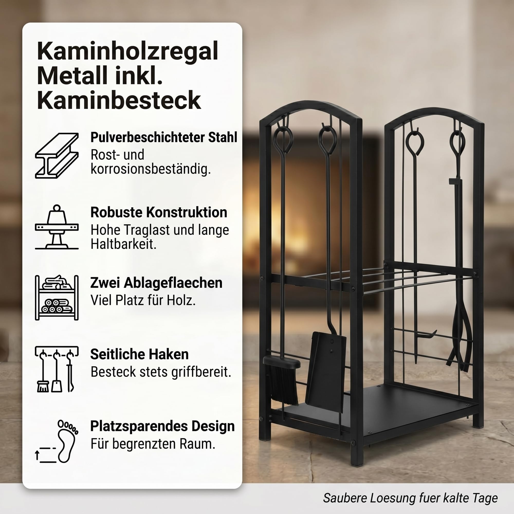 Mucola Kaminholzregal Brennholzregal mit Kaminbesteck 46x31x74 cm Schwarz