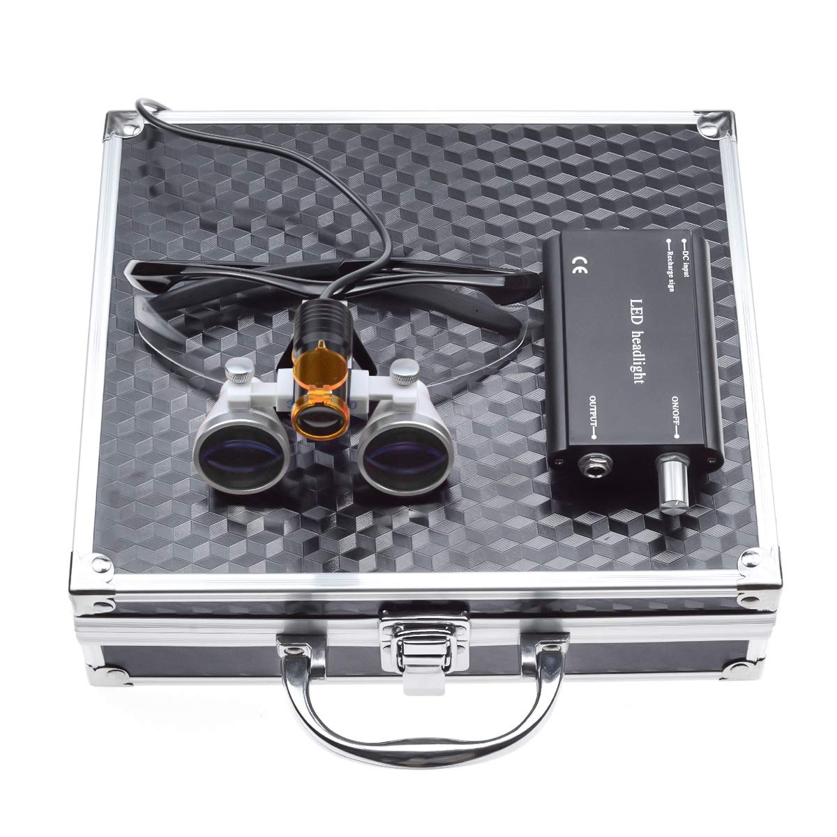 2.5X Binocular Loupes 420mm Optical Glasses +5W LED Headlight Lamp with Filter + Aluminum Box DY-008 (Black)